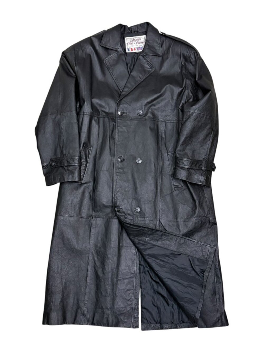 Leather JOCELYN ST. VINCENT Trench Coat Vintage 90s Retro Long Jacket Womens 2XL